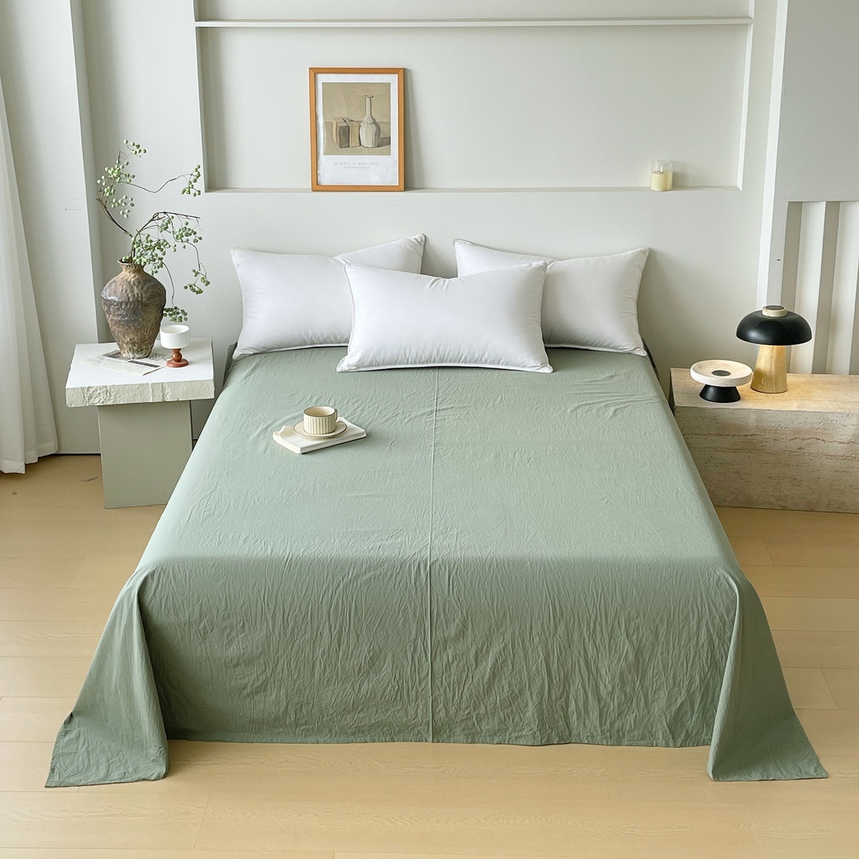 91家纺网 家纺一手货源 找家纺 春皖家纺 2026春夏新款双拼全棉水洗棉单床单床单单件单品床单 素雅军绿