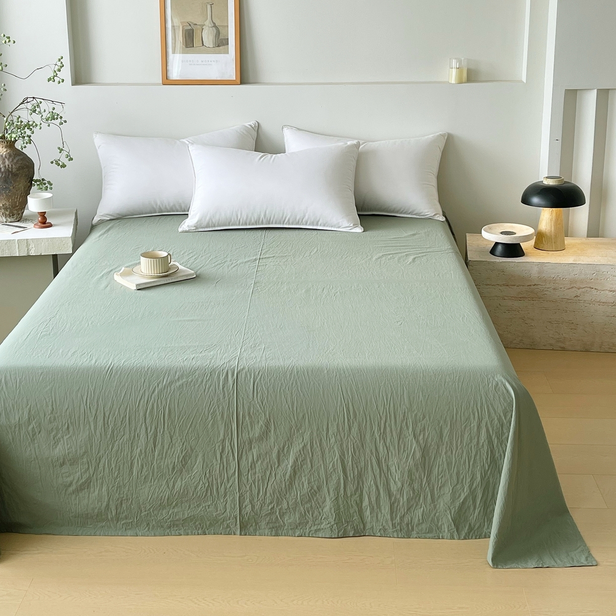 91家纺网 家纺一手货源 找家纺 春皖家纺 2026春夏新款双拼全棉水洗棉单床单床单单件单品床单 素雅军绿