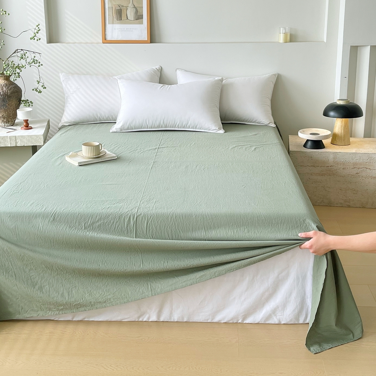 91家纺网 家纺一手货源 找家纺 春皖家纺 2026春夏新款双拼全棉水洗棉单床单床单单件单品床单 素雅军绿