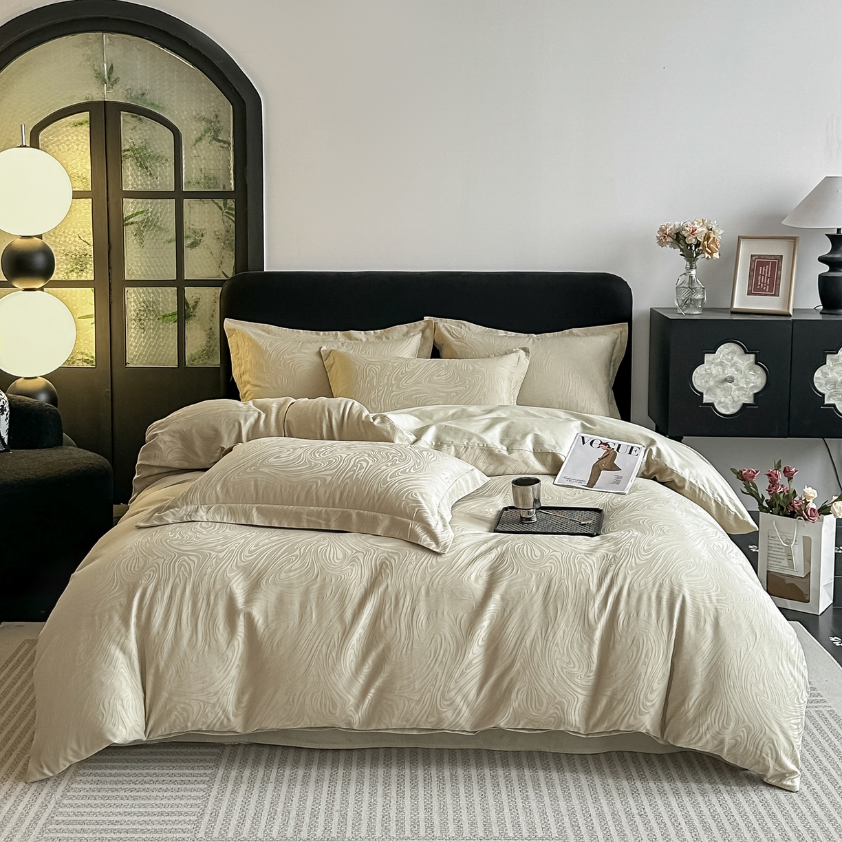 91家纺网 家纺一手货源 找家纺 宅家居 2026新款轻奢A类60支立体浮雕长绒棉纯棉提花贡缎全棉四件套光泽绸缎感三件套 幻纤影-香槟绿