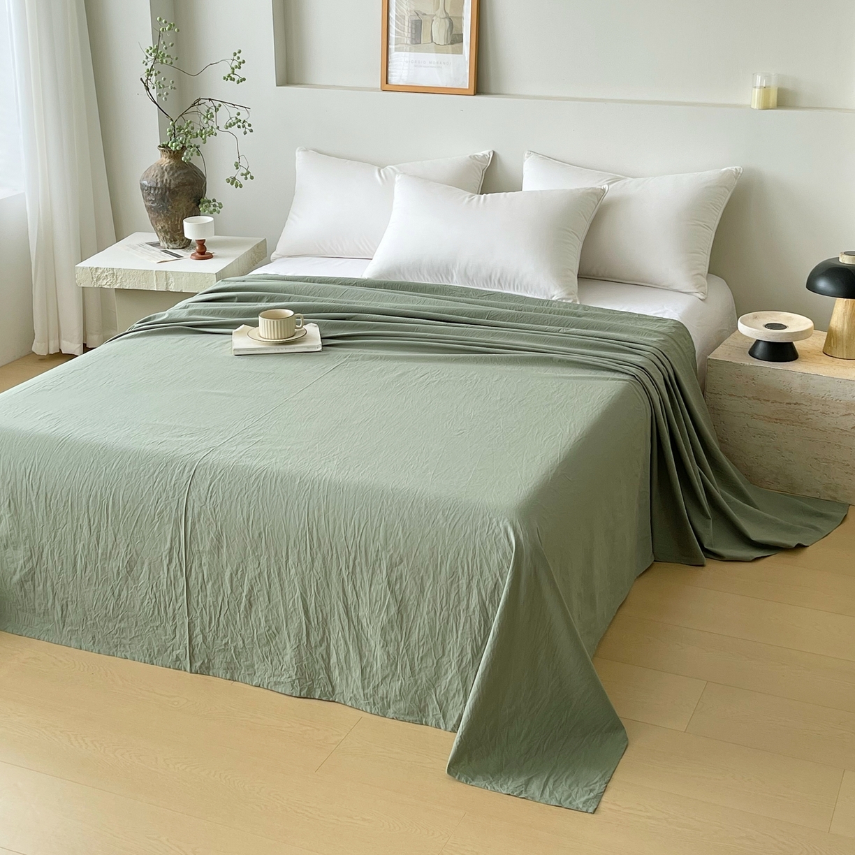 91家纺网 家纺一手货源 找家纺 春皖家纺 2026春夏新款双拼全棉水洗棉单床单床单单件单品床单 素雅军绿