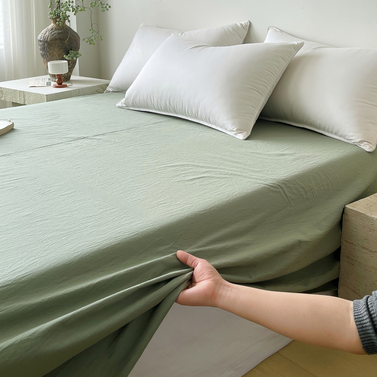 91家纺网 家纺一手货源 找家纺 春皖家纺 2026春夏新款双拼全棉水洗棉单床单床单单件单品床单 素雅军绿