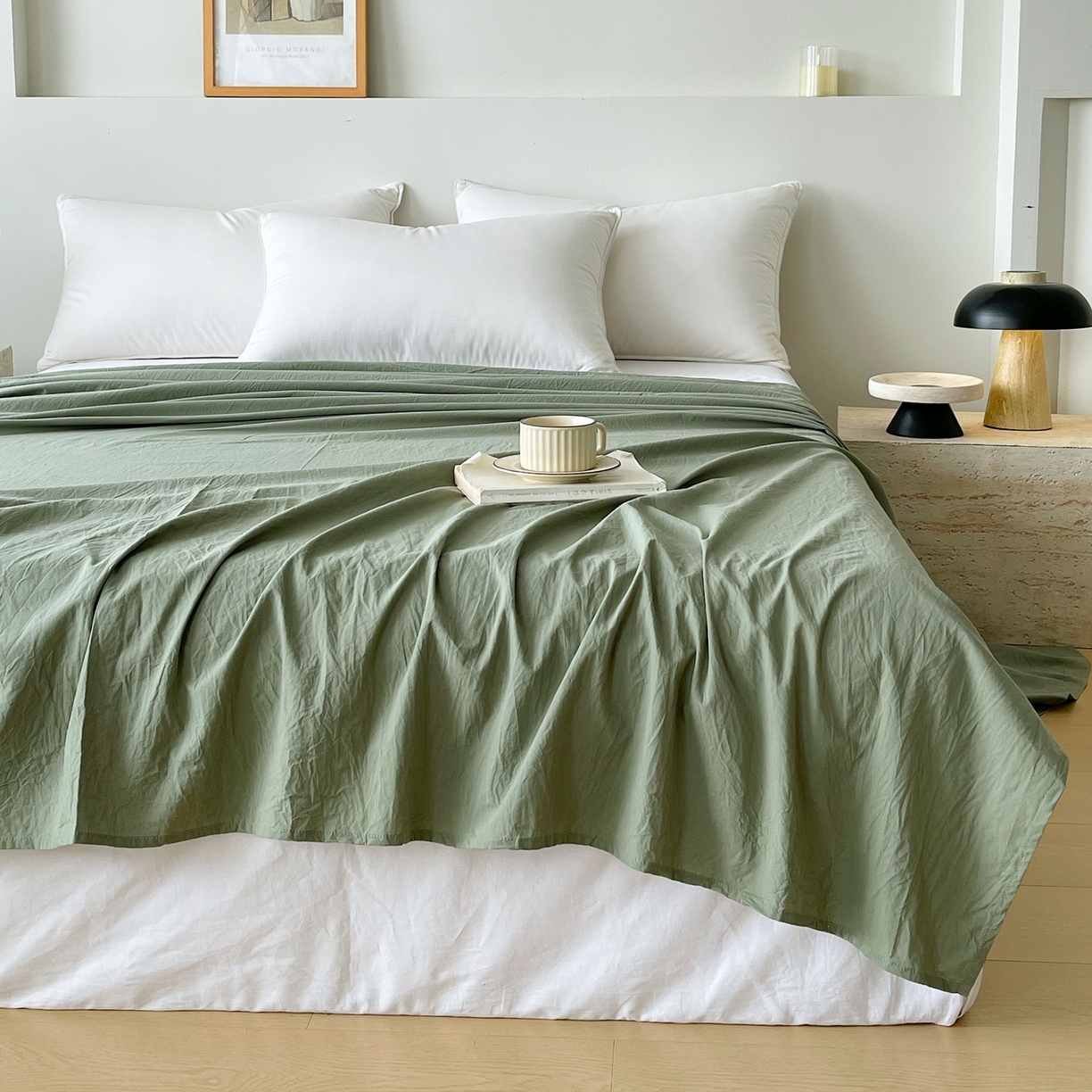 91家纺网 家纺一手货源 找家纺 春皖家纺 2026春夏新款双拼全棉水洗棉单床单床单单件单品床单 素雅军绿