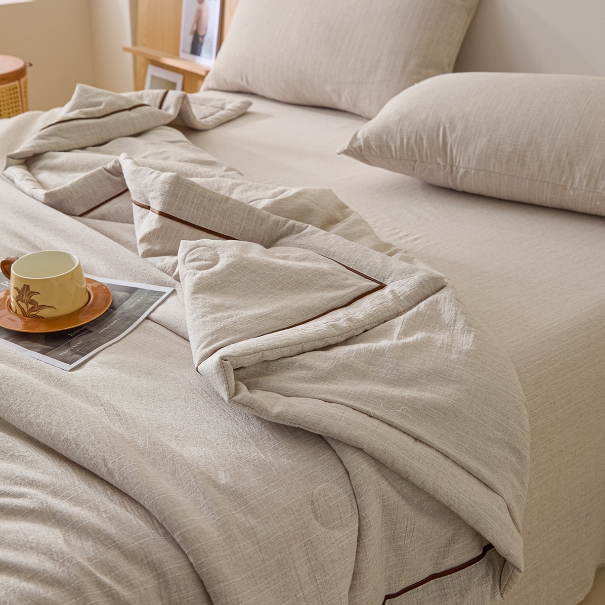 91家纺网 家纺一手货源 找家纺 顺兴家居 2026新款提花色织水洗麻夏被夏凉被空调被四件套 色织-烟灰