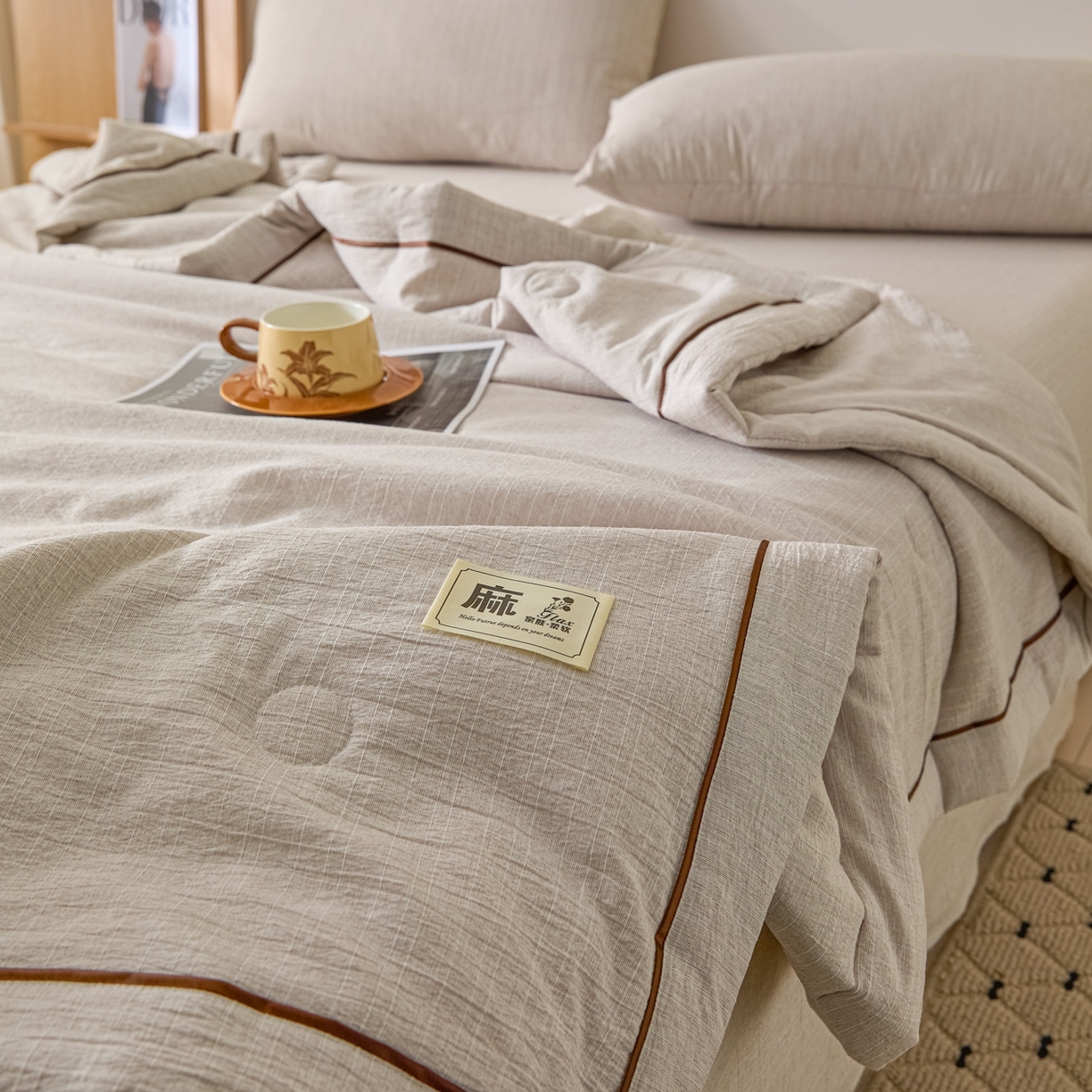 91家纺网 家纺一手货源 找家纺 顺兴家居 2026新款提花色织水洗麻夏被夏凉被空调被四件套 色织-烟灰