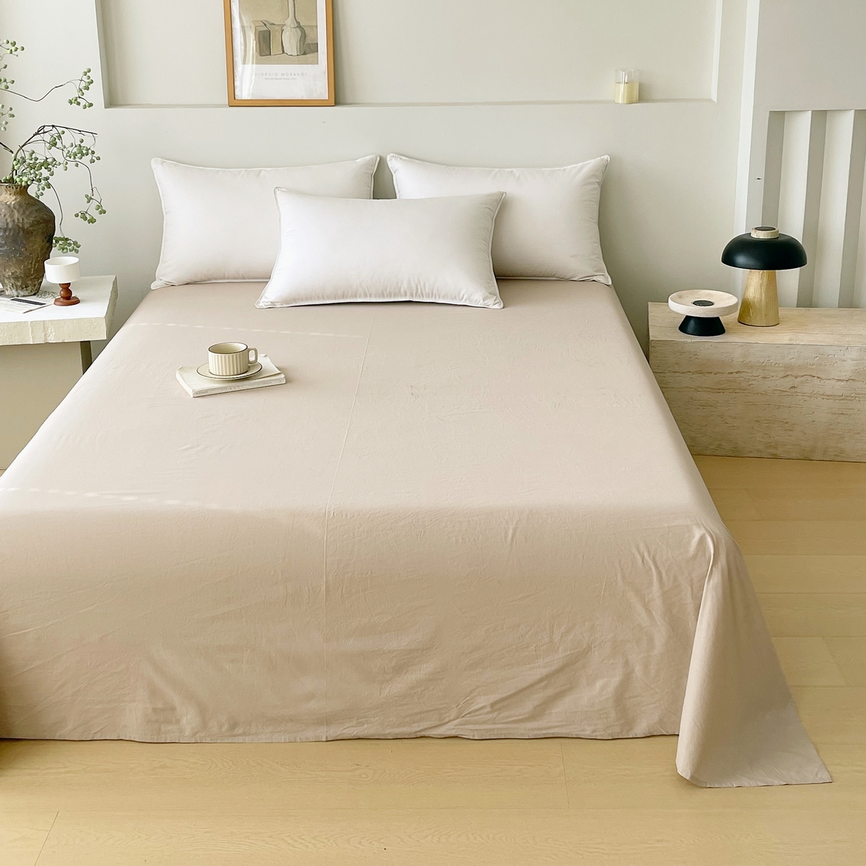 91家纺网 家纺一手货源 找家纺 春皖家纺 2026春夏新款双拼全棉水洗棉单床单床单单件单品床单 素雅卡其