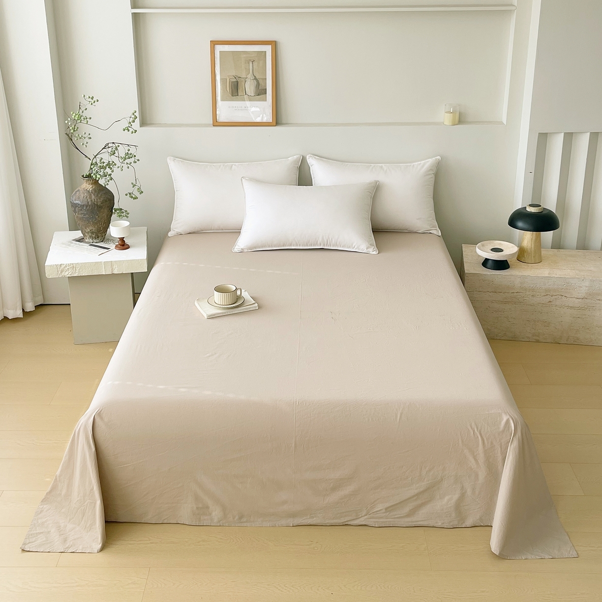 91家纺网 家纺一手货源 找家纺 春皖家纺 2026春夏新款双拼全棉水洗棉单床单床单单件单品床单 素雅卡其