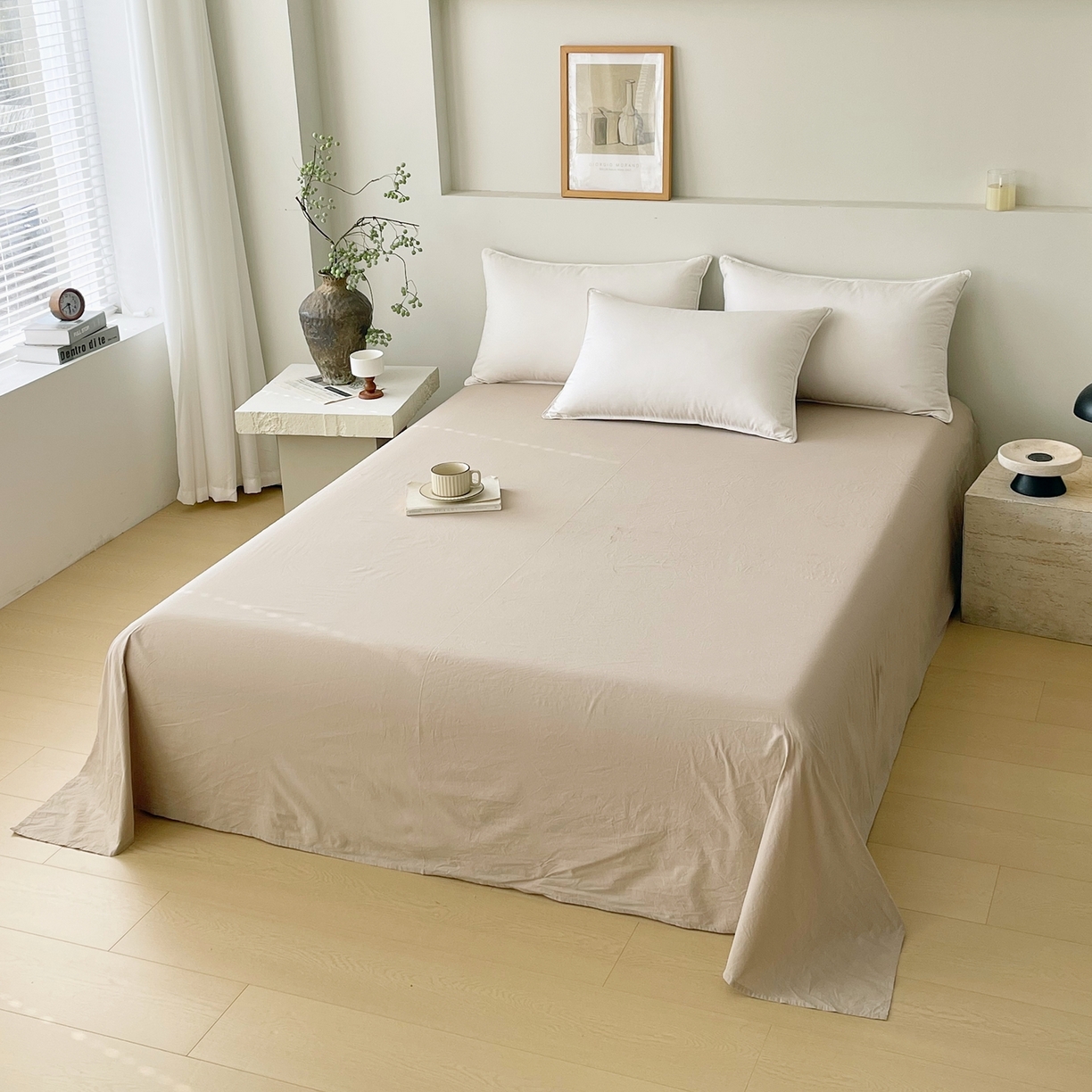 91家纺网 家纺一手货源 找家纺 春皖家纺 2026春夏新款双拼全棉水洗棉单床单床单单件单品床单 素雅卡其