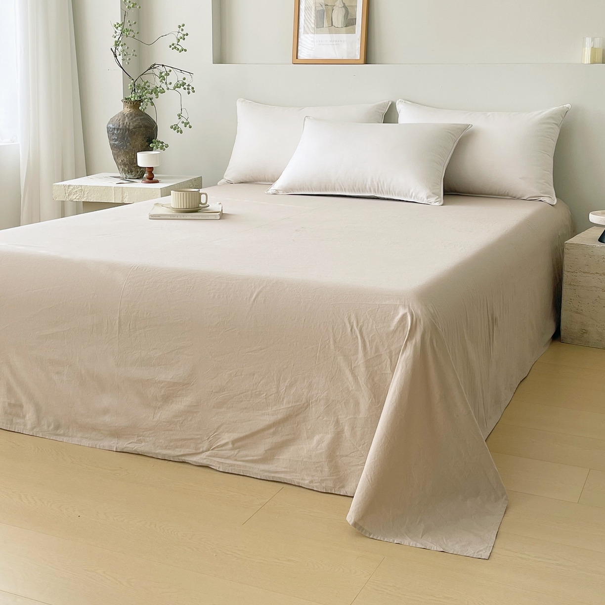 91家纺网 家纺一手货源 找家纺 春皖家纺 2026春夏新款双拼全棉水洗棉单床单床单单件单品床单 素雅卡其