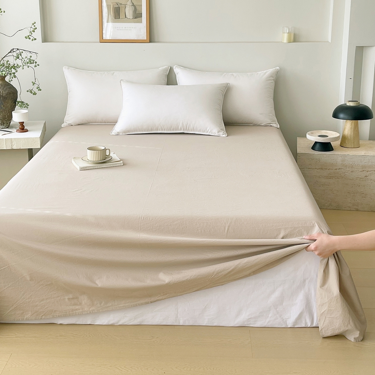 91家纺网 家纺一手货源 找家纺 春皖家纺 2026春夏新款双拼全棉水洗棉单床单床单单件单品床单 素雅卡其