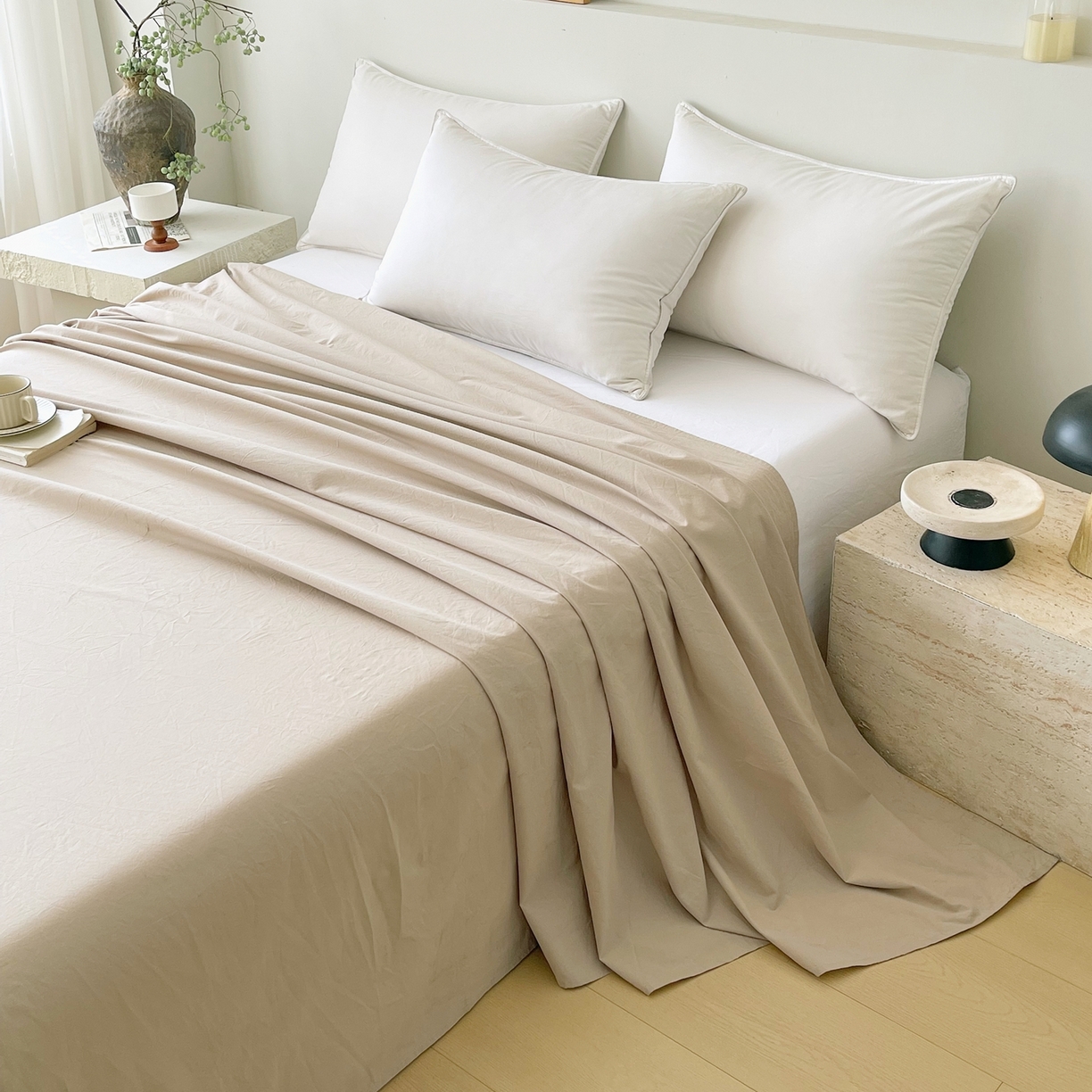 91家纺网 家纺一手货源 找家纺 春皖家纺 2026春夏新款双拼全棉水洗棉单床单床单单件单品床单 素雅卡其