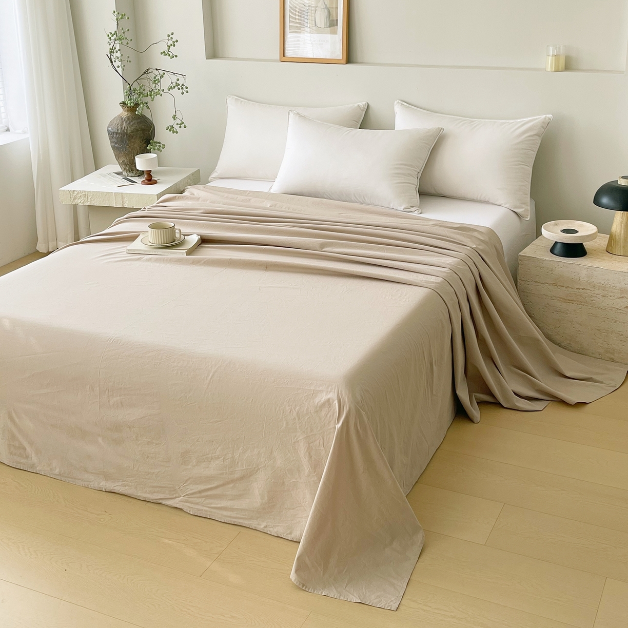 91家纺网 家纺一手货源 找家纺 春皖家纺 2026春夏新款双拼全棉水洗棉单床单床单单件单品床单 素雅卡其