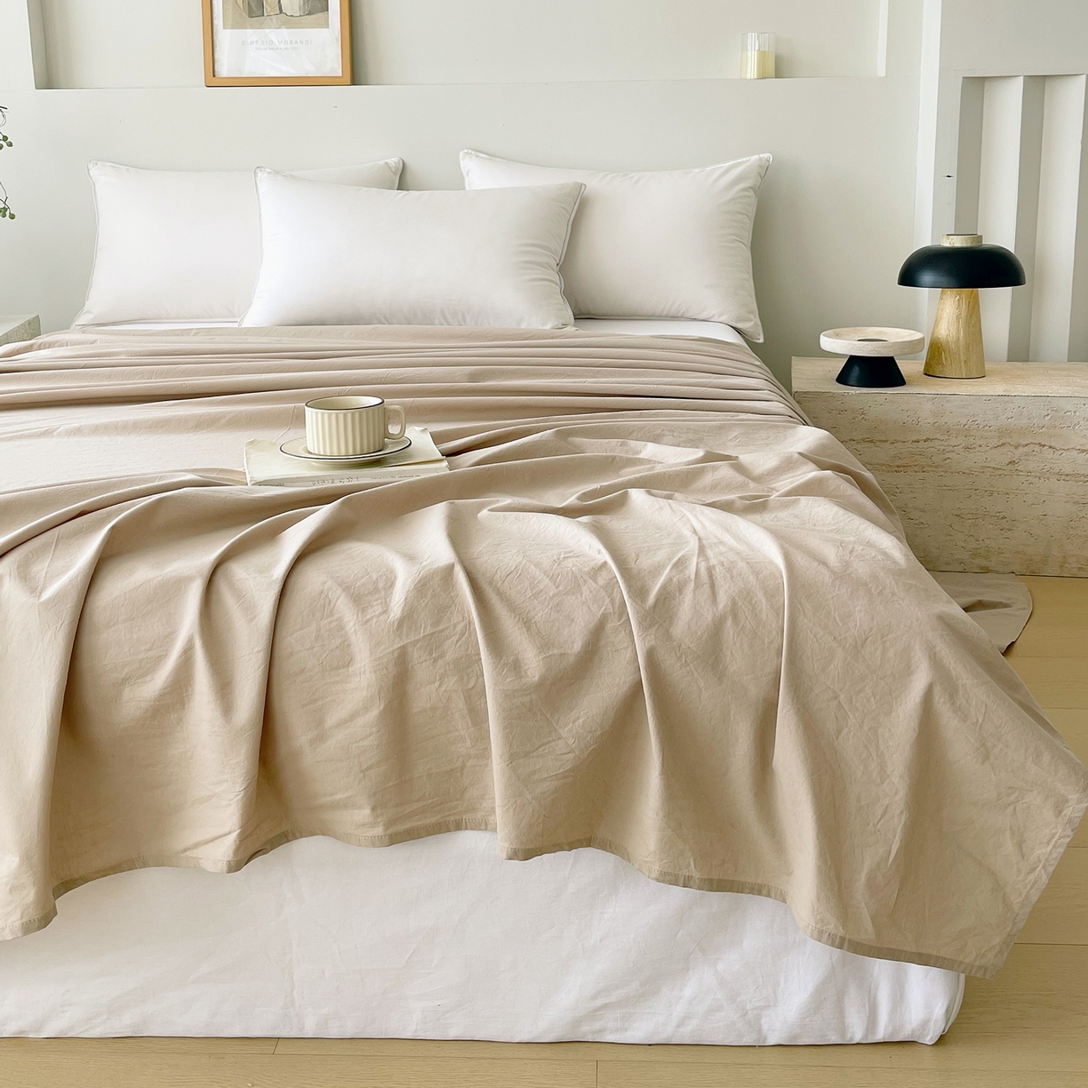 91家纺网 家纺一手货源 找家纺 春皖家纺 2026春夏新款双拼全棉水洗棉单床单床单单件单品床单 素雅卡其