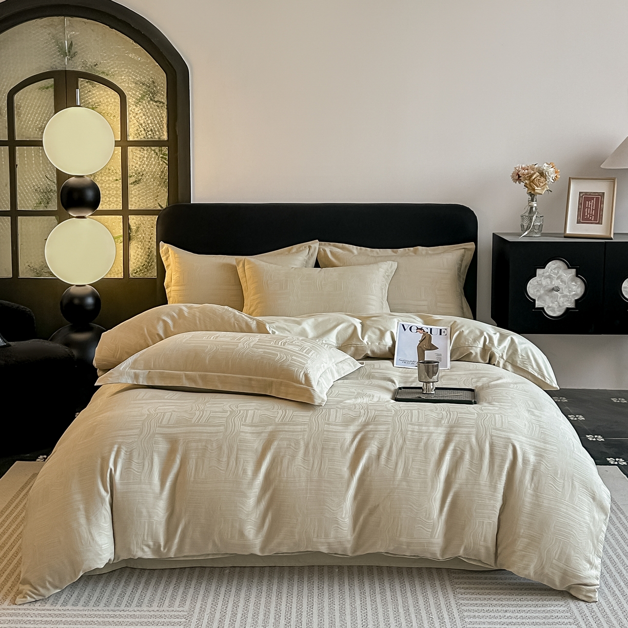 宅家居 2026新款轻奢A类60支立体浮雕长绒棉纯棉提花贡缎全棉四件套光泽绸缎感三件套 凯迪雅-香槟绿