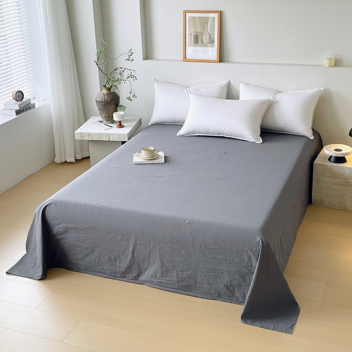 91家纺网 家纺一手货源 找家纺 春皖家纺 2026春夏新款双拼全棉水洗棉单床单床单单件单品床单 素雅墨灰