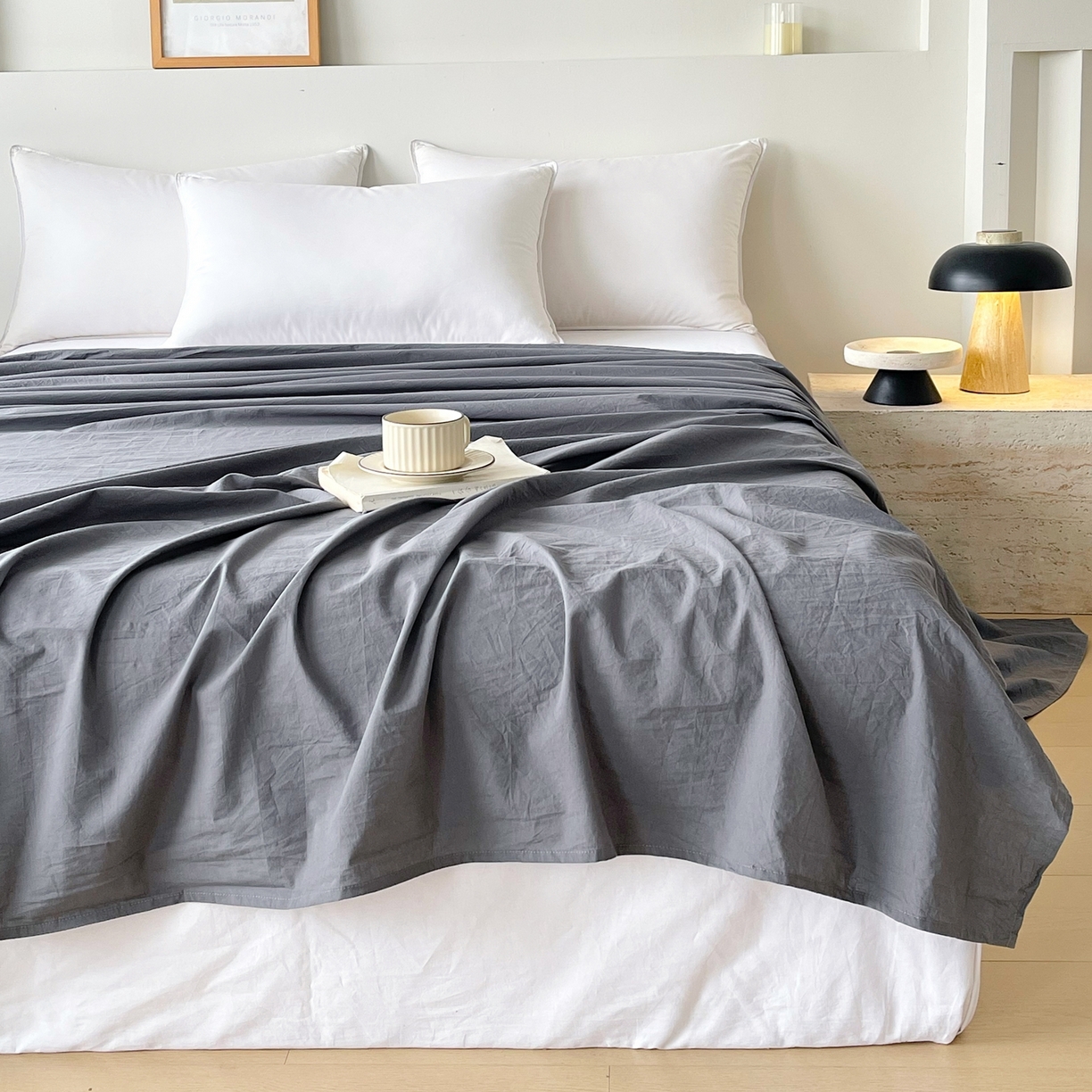 91家纺网 家纺一手货源 找家纺 春皖家纺 2026春夏新款双拼全棉水洗棉单床单床单单件单品床单 素雅墨灰