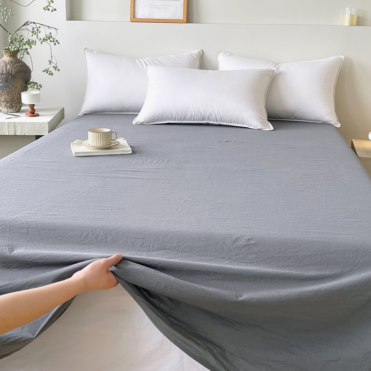 91家纺网 家纺一手货源 找家纺 春皖家纺 2026春夏新款双拼全棉水洗棉单床单床单单件单品床单 素雅墨灰