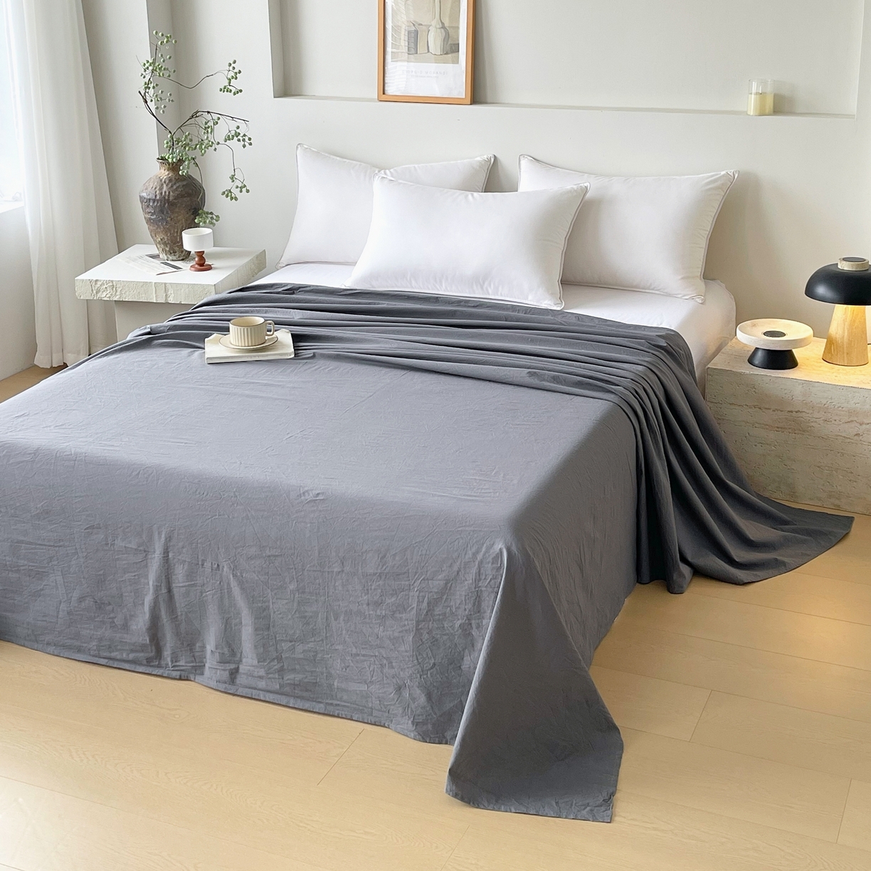 91家纺网 家纺一手货源 找家纺 春皖家纺 2026春夏新款双拼全棉水洗棉单床单床单单件单品床单 素雅墨灰