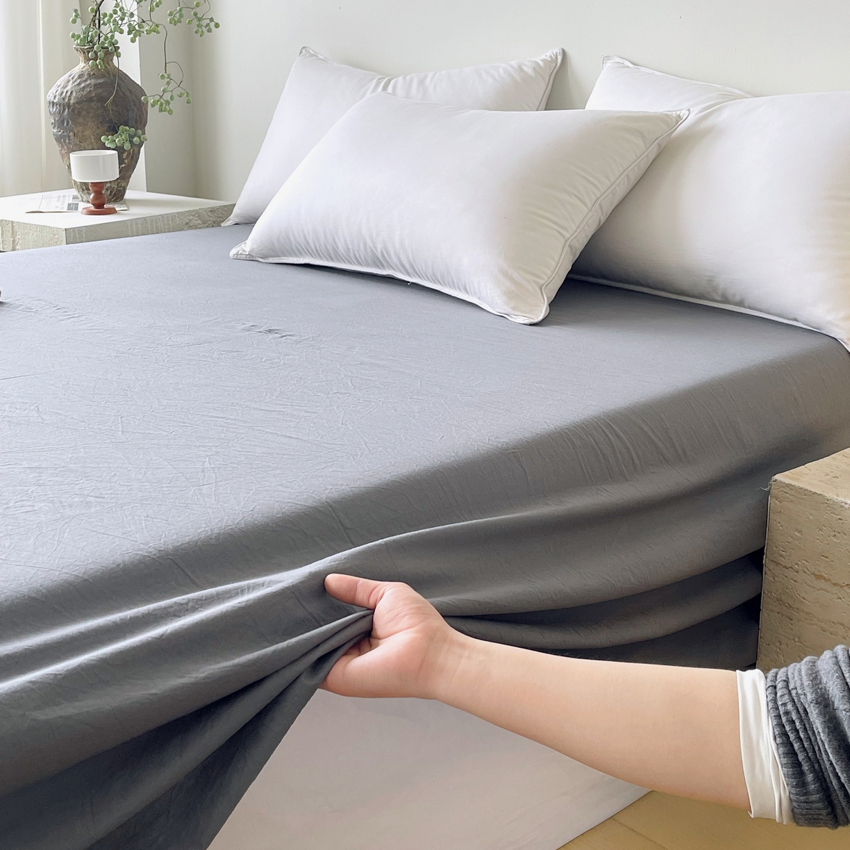 91家纺网 家纺一手货源 找家纺 春皖家纺 2026春夏新款双拼全棉水洗棉单床单床单单件单品床单 素雅墨灰