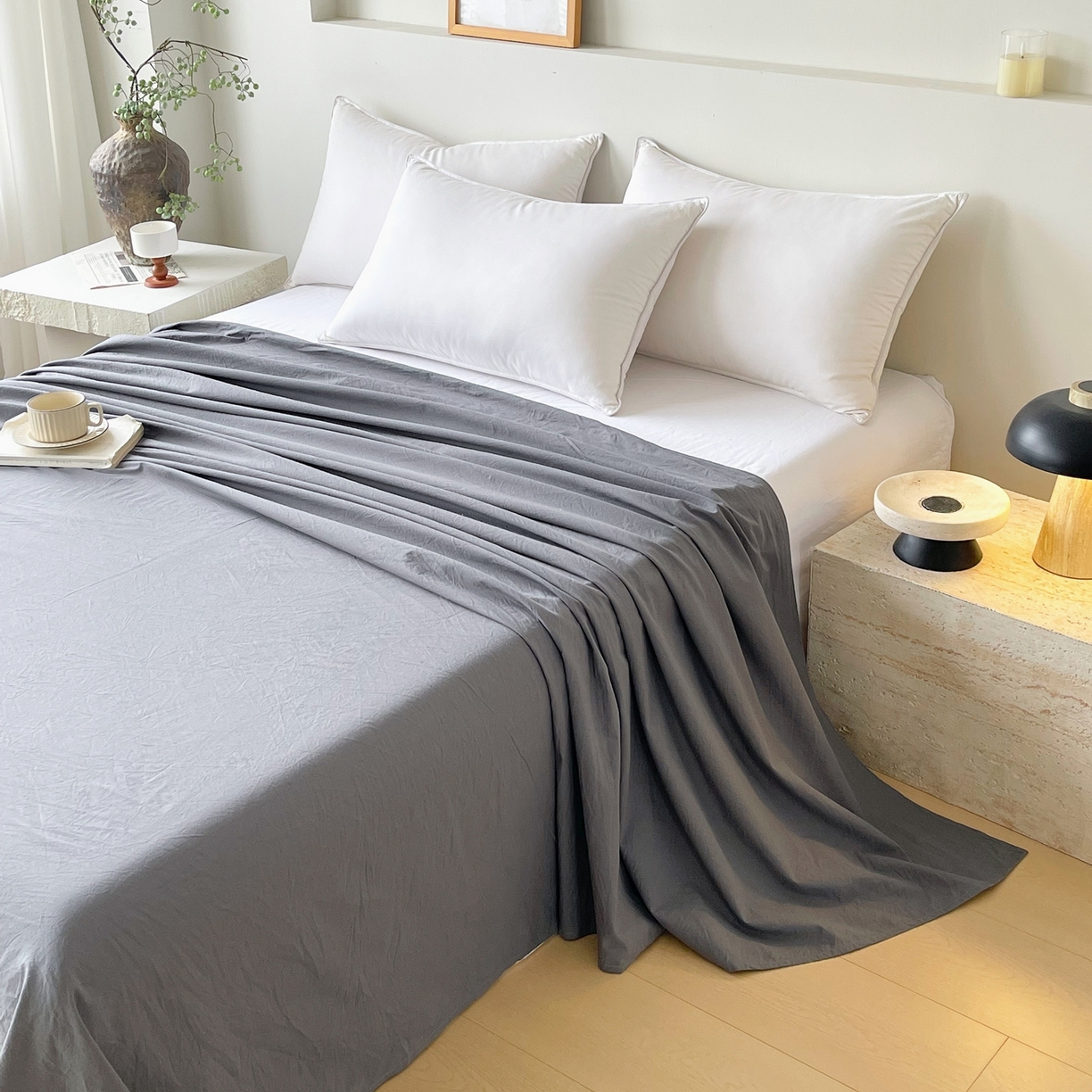 91家纺网 家纺一手货源 找家纺 春皖家纺 2026春夏新款双拼全棉水洗棉单床单床单单件单品床单 素雅墨灰