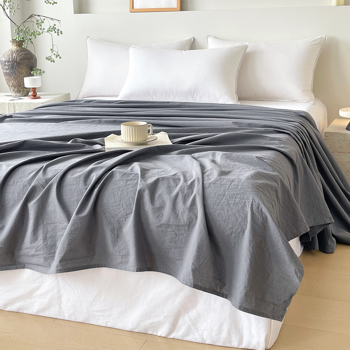 91家纺网 家纺一手货源 找家纺 春皖家纺 2026春夏新款双拼全棉水洗棉单床单床单单件单品床单 素雅墨灰