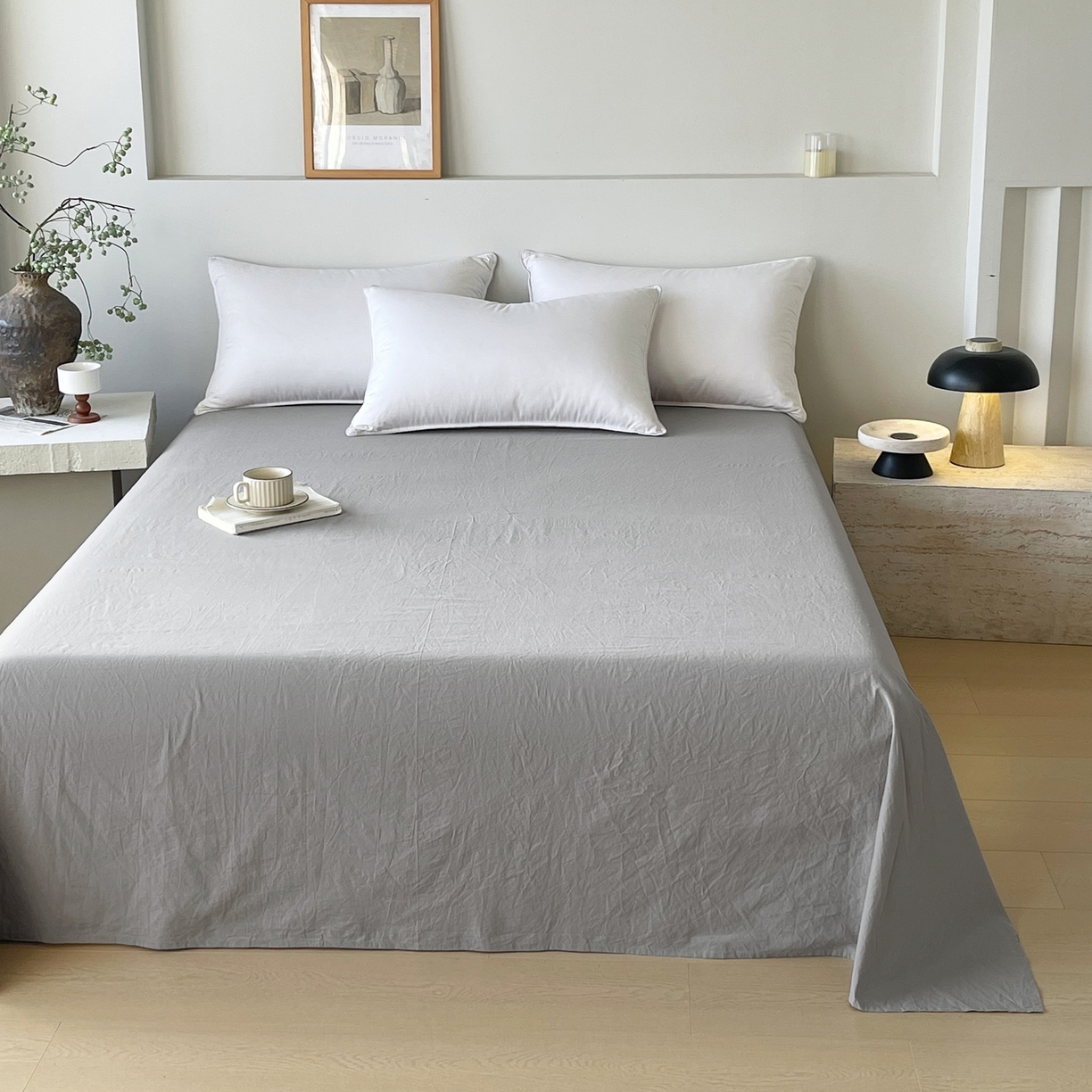 91家纺网 家纺一手货源 找家纺 春皖家纺 2026春夏新款双拼全棉水洗棉单床单床单单件单品床单 素雅浅灰