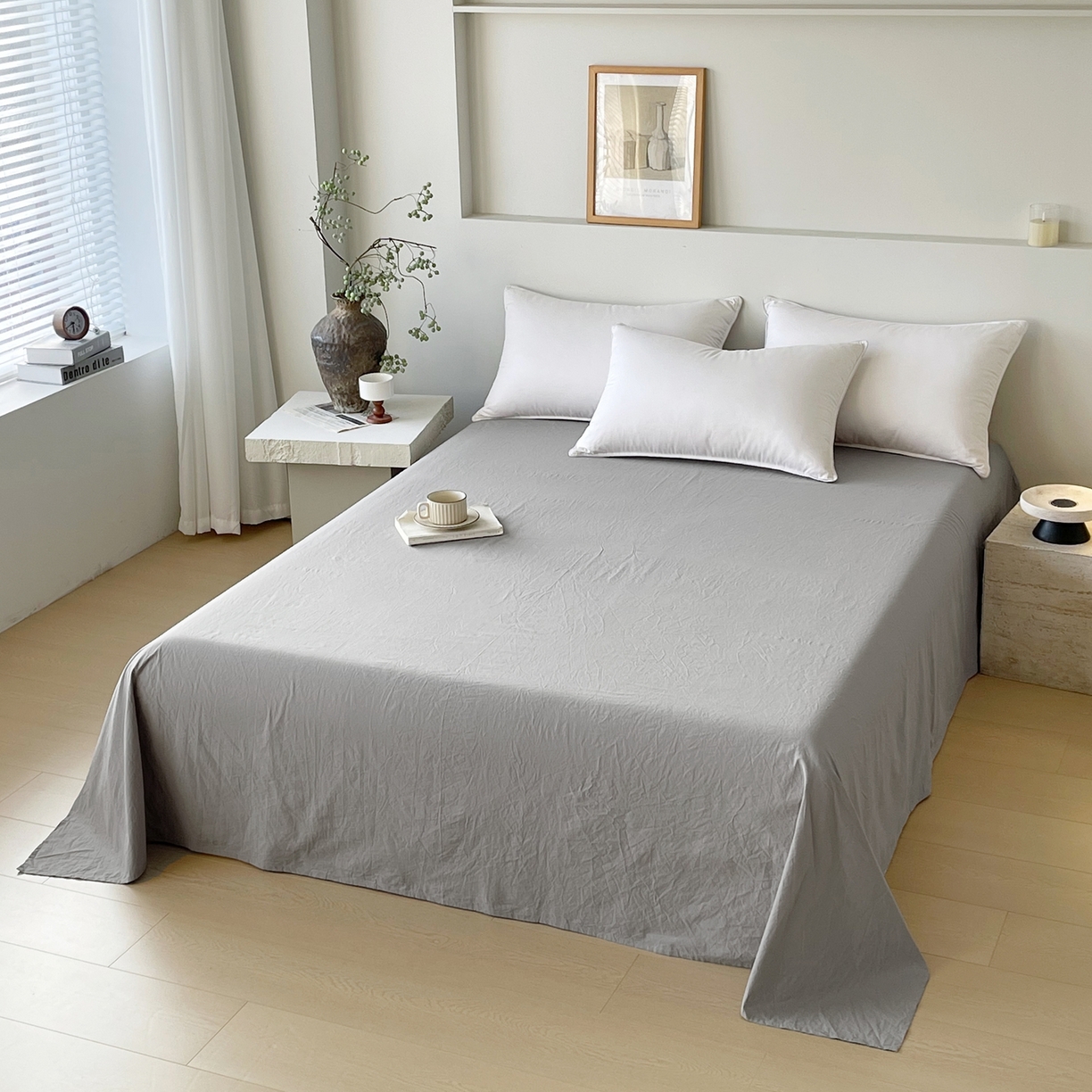 91家纺网 家纺一手货源 找家纺 春皖家纺 2026春夏新款双拼全棉水洗棉单床单床单单件单品床单 素雅浅灰