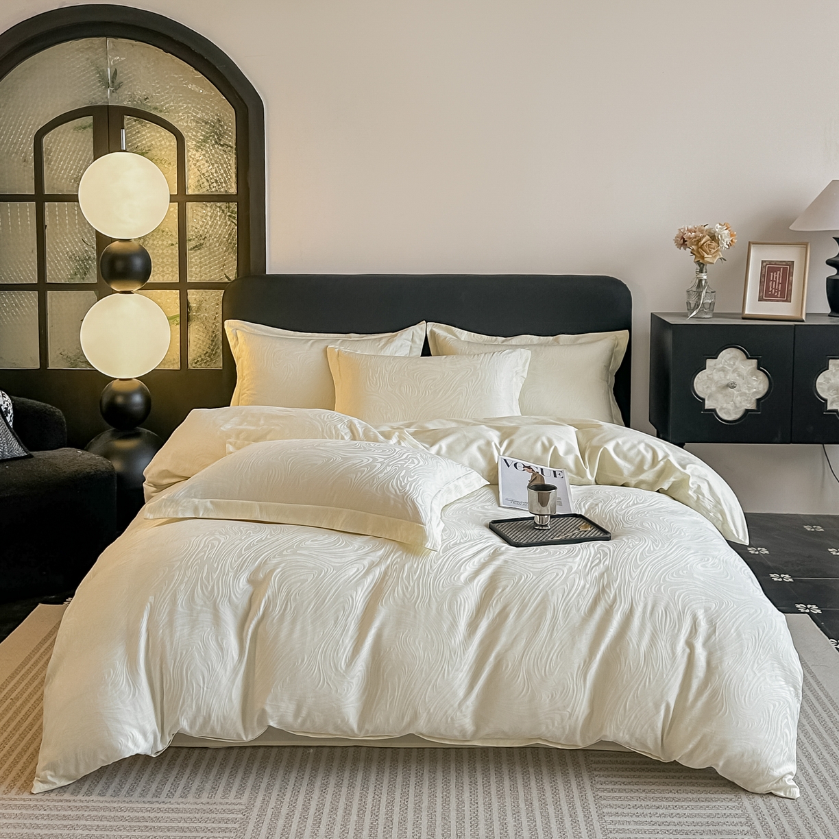 宅家居 2026新款轻奢A类60支立体浮雕长绒棉纯棉提花贡缎全棉四件套光泽绸缎感三件套 凯迪娜-米白