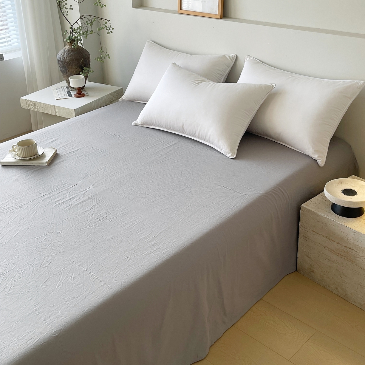 91家纺网 家纺一手货源 找家纺 春皖家纺 2026春夏新款双拼全棉水洗棉单床单床单单件单品床单 素雅浅灰