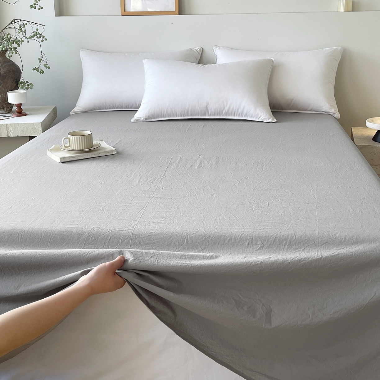 91家纺网 家纺一手货源 找家纺 春皖家纺 2026春夏新款双拼全棉水洗棉单床单床单单件单品床单 素雅浅灰