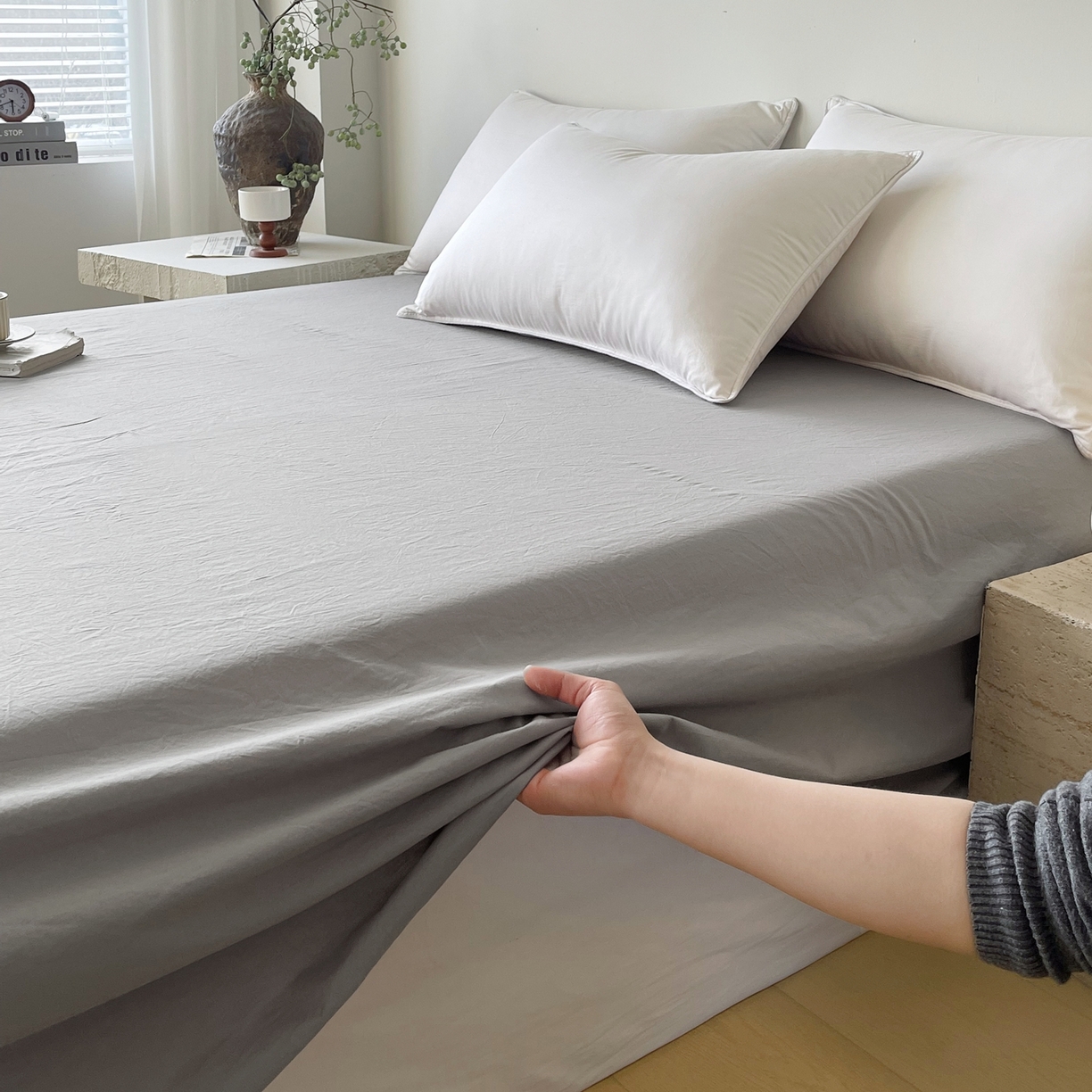 91家纺网 家纺一手货源 找家纺 春皖家纺 2026春夏新款双拼全棉水洗棉单床单床单单件单品床单 素雅浅灰