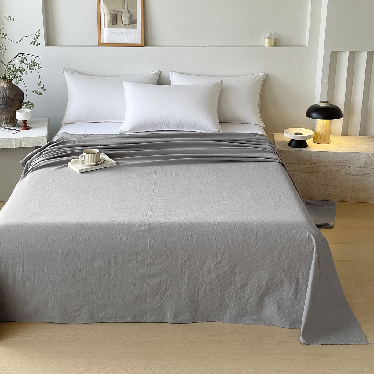 91家纺网 家纺一手货源 找家纺 春皖家纺 2026春夏新款双拼全棉水洗棉单床单床单单件单品床单 素雅浅灰