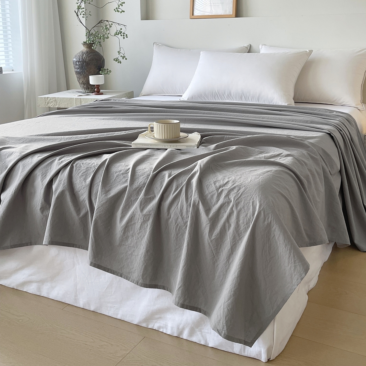 91家纺网 家纺一手货源 找家纺 春皖家纺 2026春夏新款双拼全棉水洗棉单床单床单单件单品床单 素雅浅灰