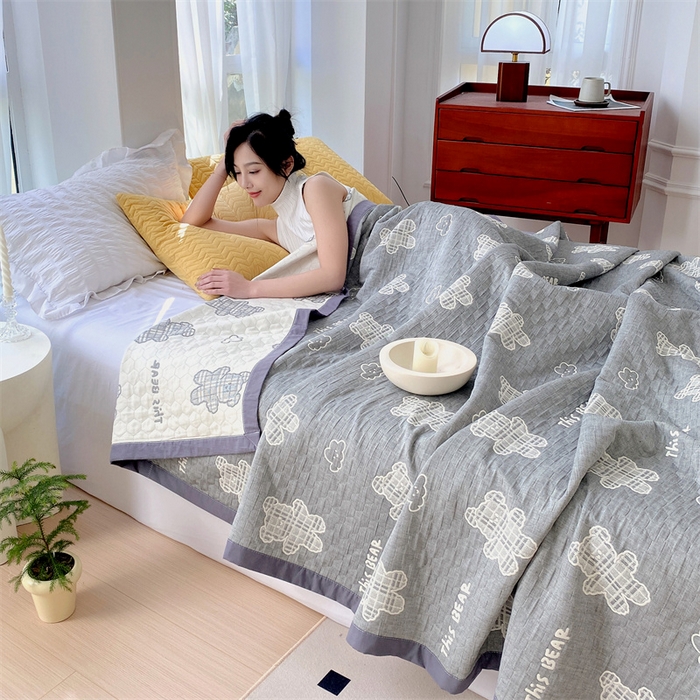 兄弟坊 2026新款A类全棉三层纱多功能毛巾被夏被夏凉被（盖毯床单夏被） 云朵小熊-灰