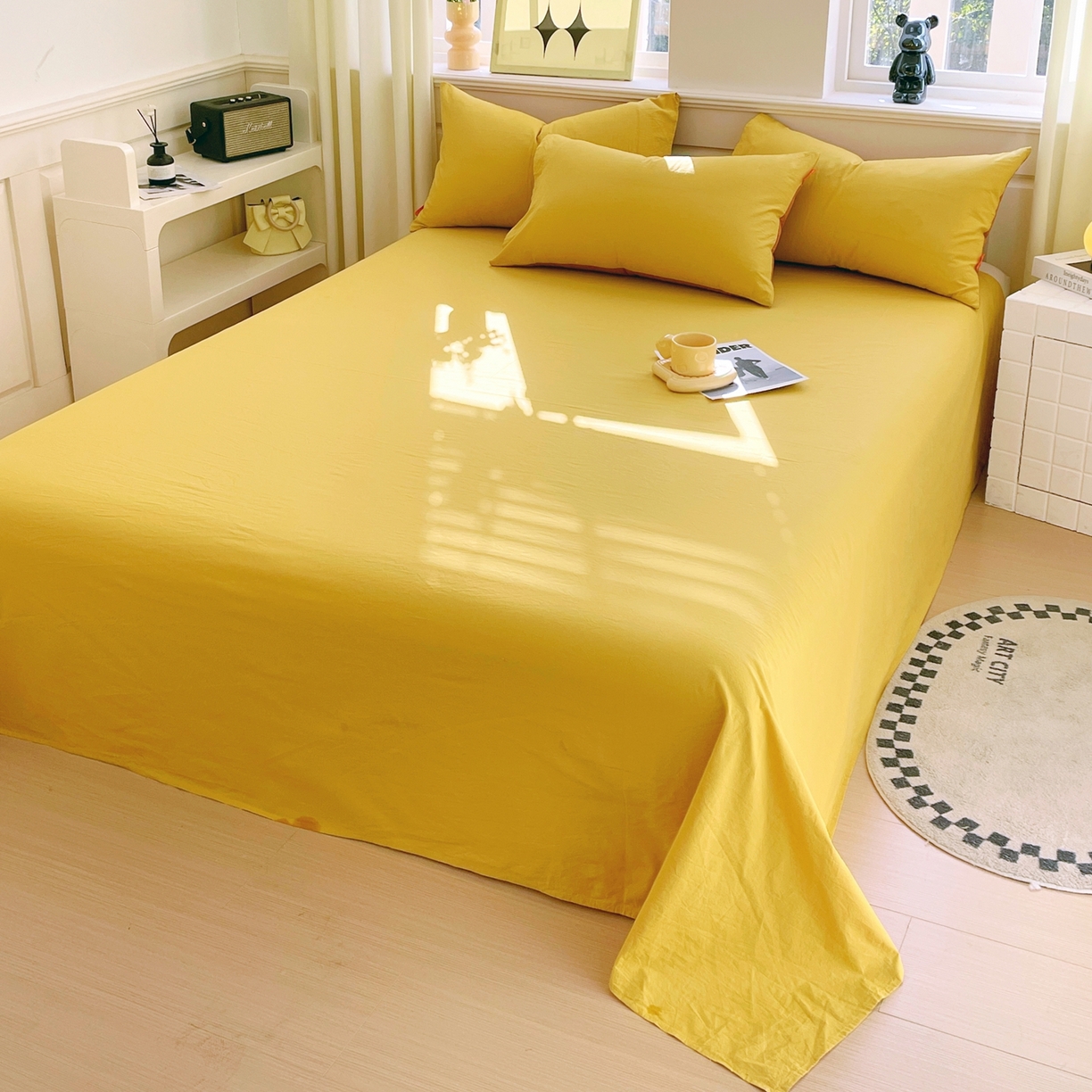 春皖家纺 2026春夏新款双拼全棉水洗棉单床单床单单件单品床单 素雅深黄