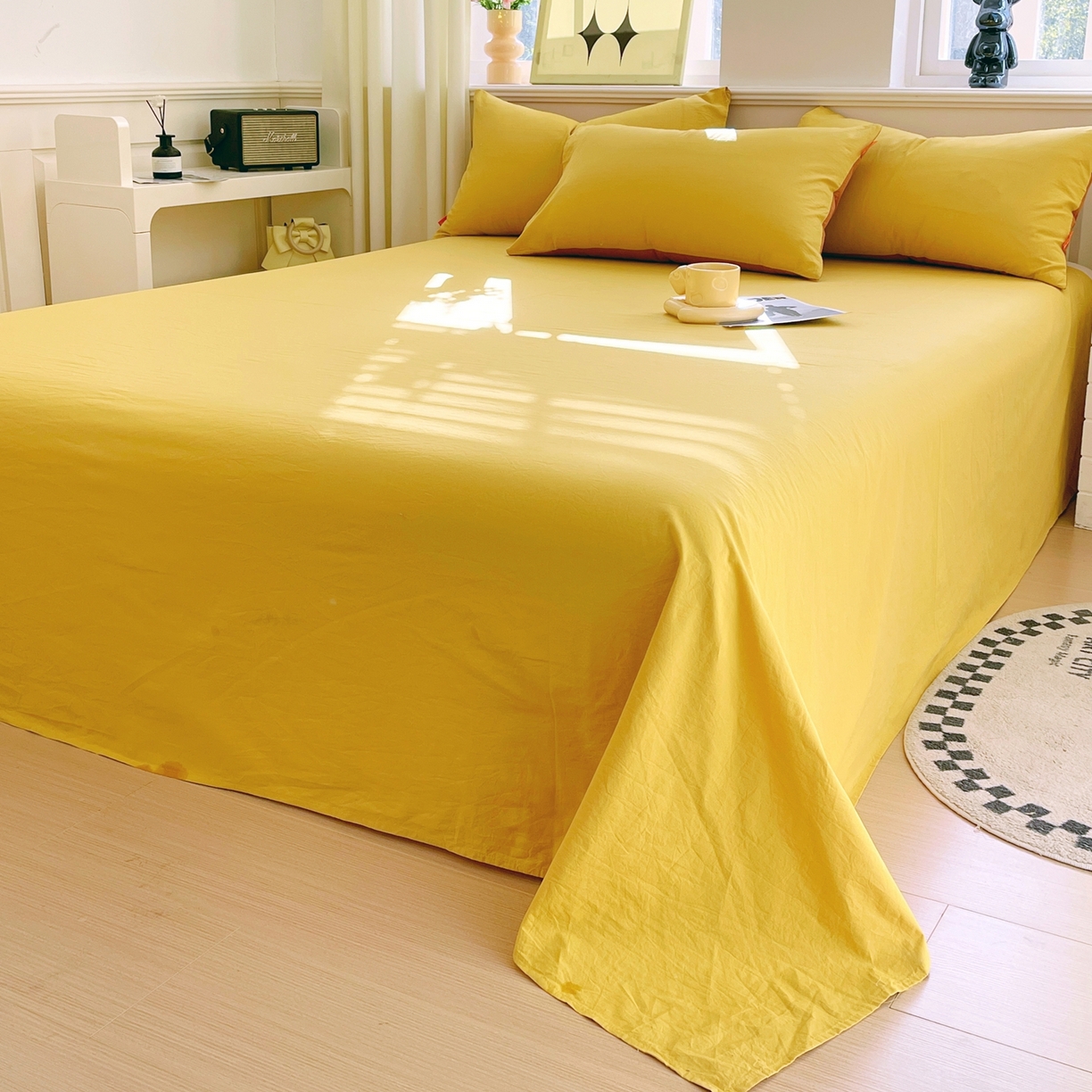 91家纺网 家纺一手货源 找家纺 春皖家纺 2026春夏新款双拼全棉水洗棉单床单床单单件单品床单 素雅深黄