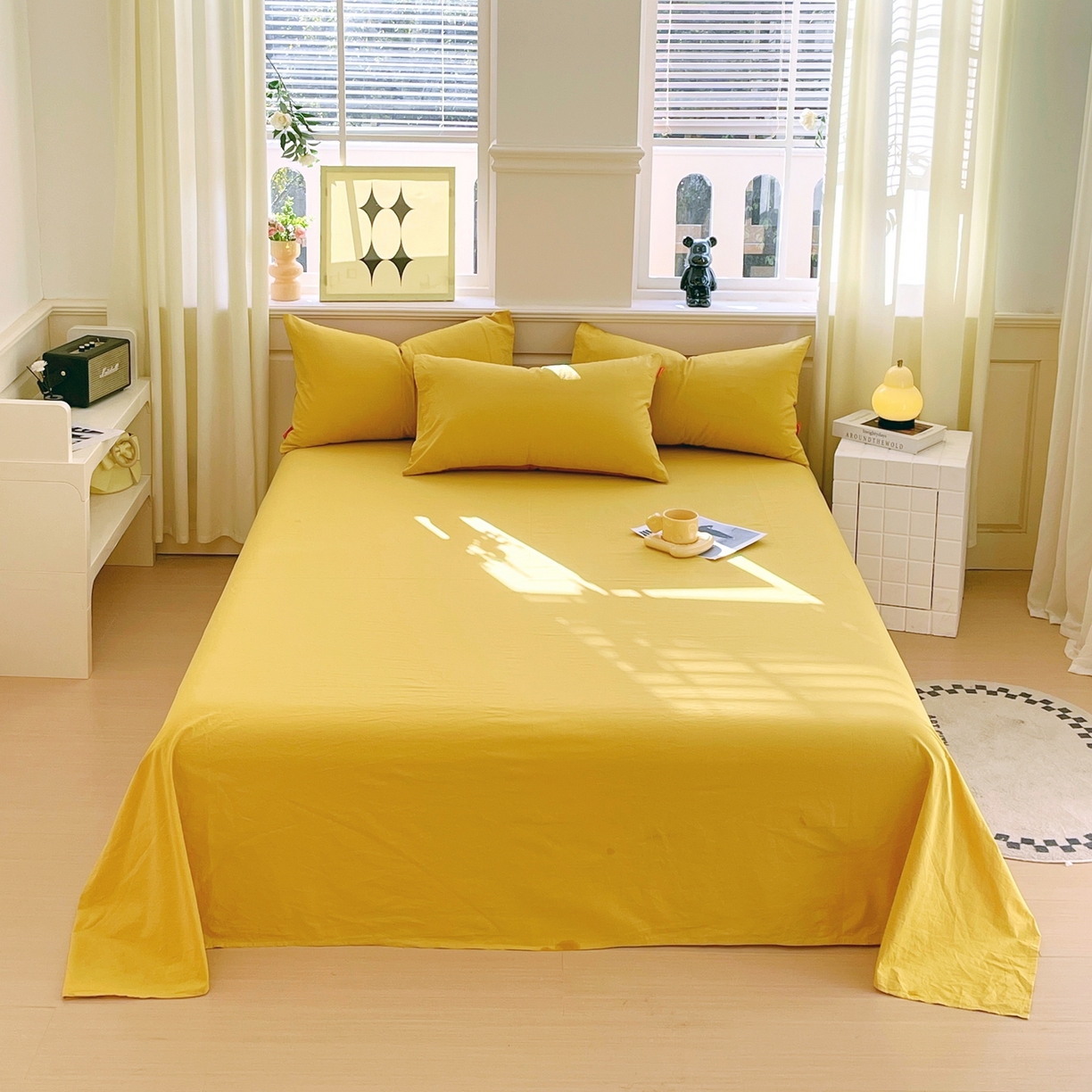 91家纺网 家纺一手货源 找家纺 春皖家纺 2026春夏新款双拼全棉水洗棉单床单床单单件单品床单 素雅深黄