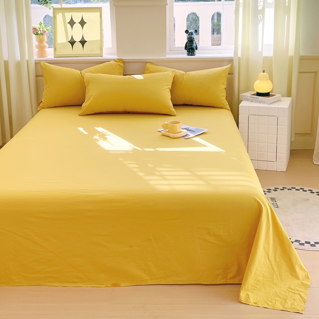 91家纺网 家纺一手货源 找家纺 春皖家纺 2026春夏新款双拼全棉水洗棉单床单床单单件单品床单 素雅深黄