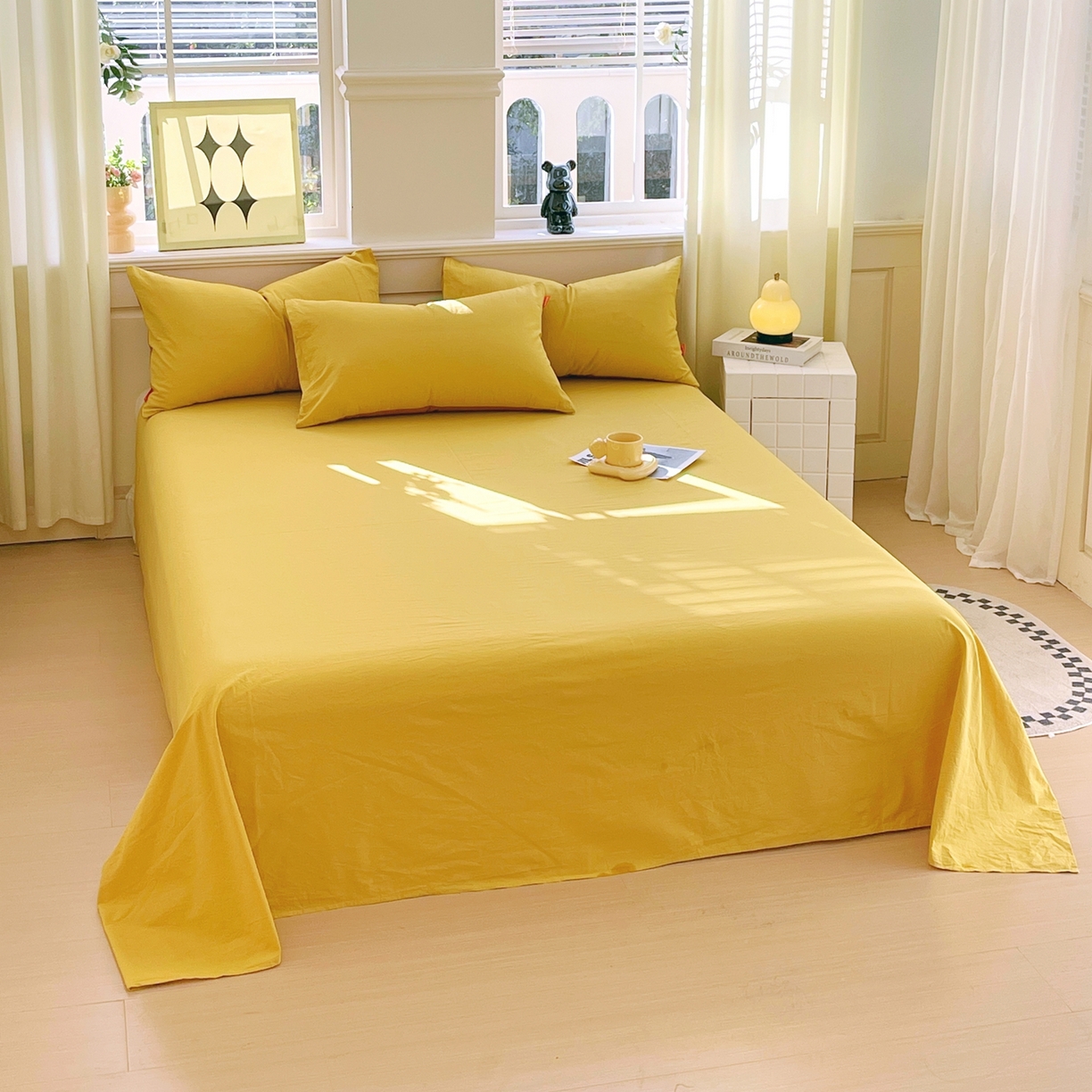 91家纺网 家纺一手货源 找家纺 春皖家纺 2026春夏新款双拼全棉水洗棉单床单床单单件单品床单 素雅深黄