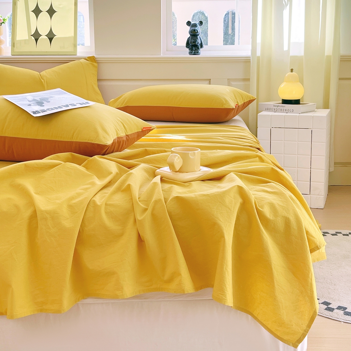 91家纺网 家纺一手货源 找家纺 春皖家纺 2026春夏新款双拼全棉水洗棉单床单床单单件单品床单 素雅深黄