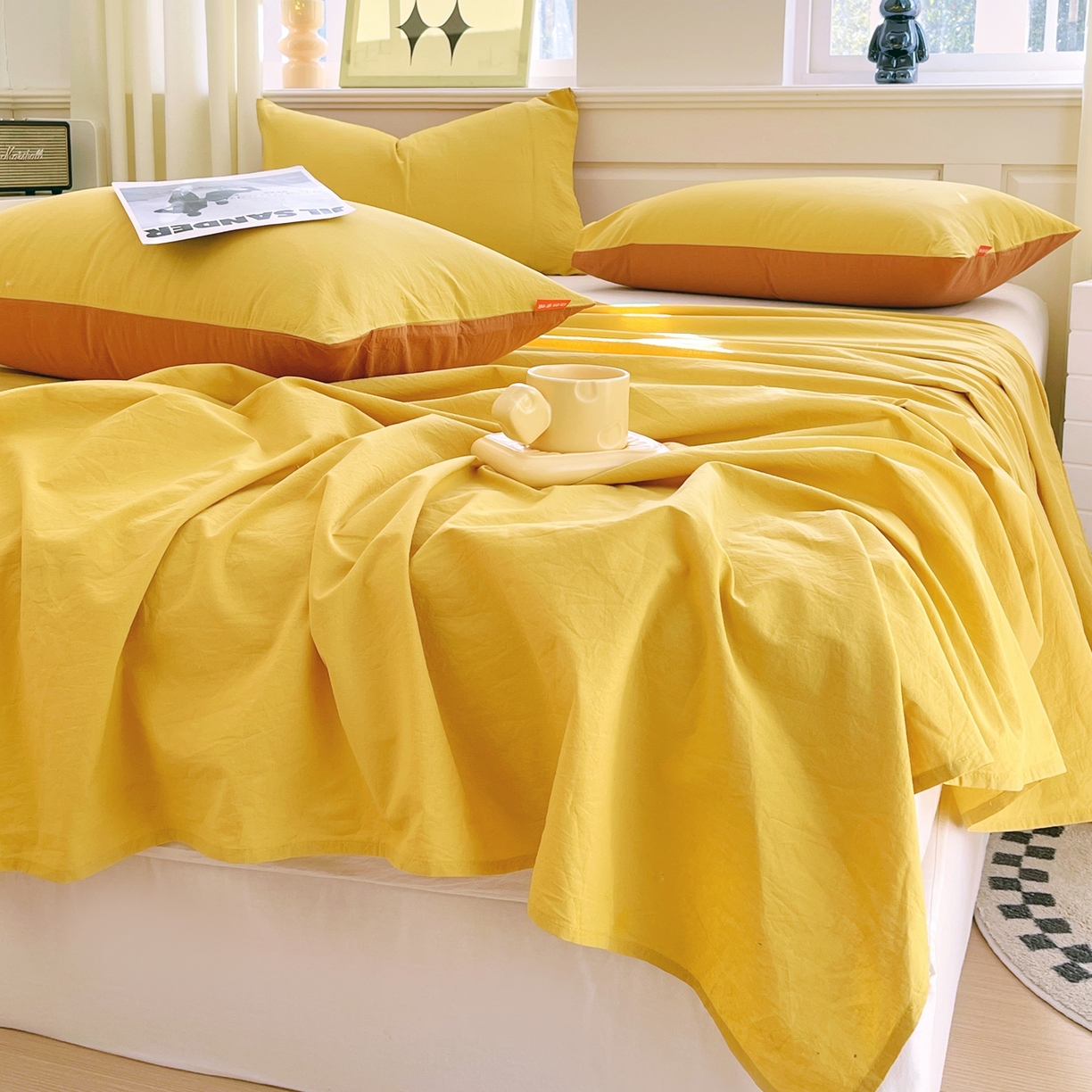 91家纺网 家纺一手货源 找家纺 春皖家纺 2026春夏新款双拼全棉水洗棉单床单床单单件单品床单 素雅深黄