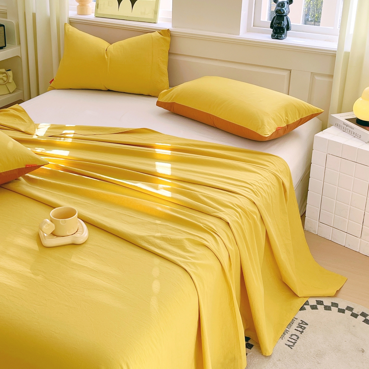 91家纺网 家纺一手货源 找家纺 春皖家纺 2026春夏新款双拼全棉水洗棉单床单床单单件单品床单 素雅深黄