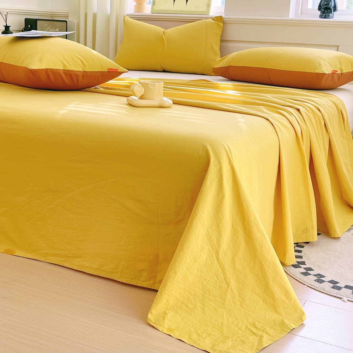 91家纺网 家纺一手货源 找家纺 春皖家纺 2026春夏新款双拼全棉水洗棉单床单床单单件单品床单 素雅深黄