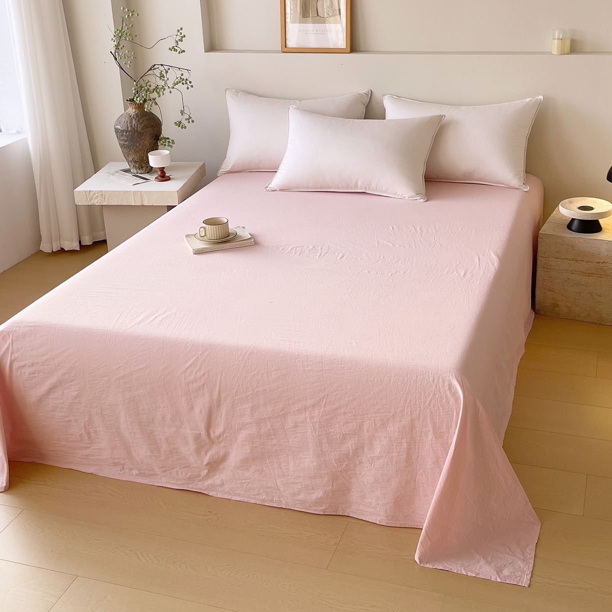 春皖家纺 2026春夏新款双拼全棉水洗棉单床单床单单件单品床单 樱花粉