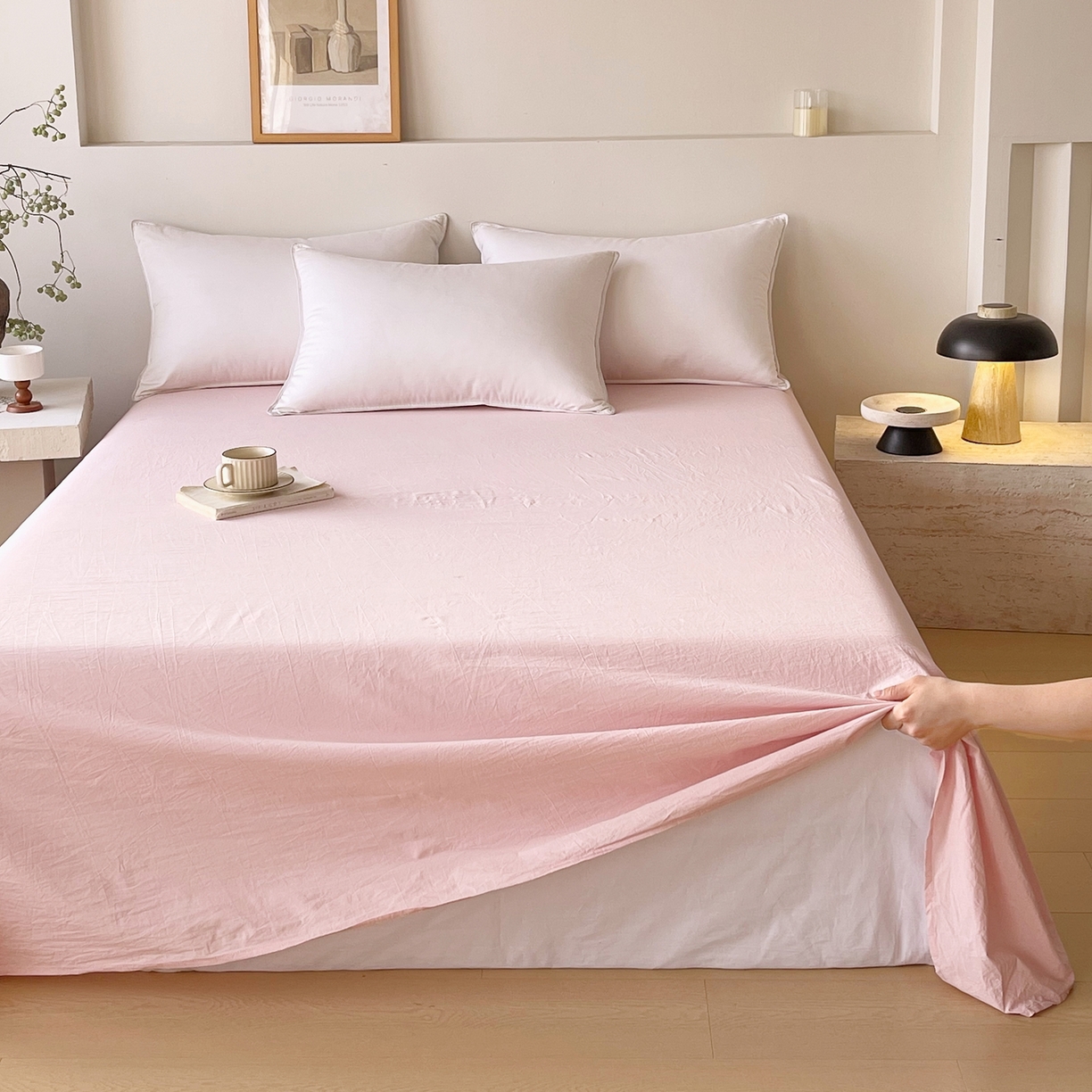 91家纺网 家纺一手货源 找家纺 春皖家纺 2026春夏新款双拼全棉水洗棉单床单床单单件单品床单 樱花粉