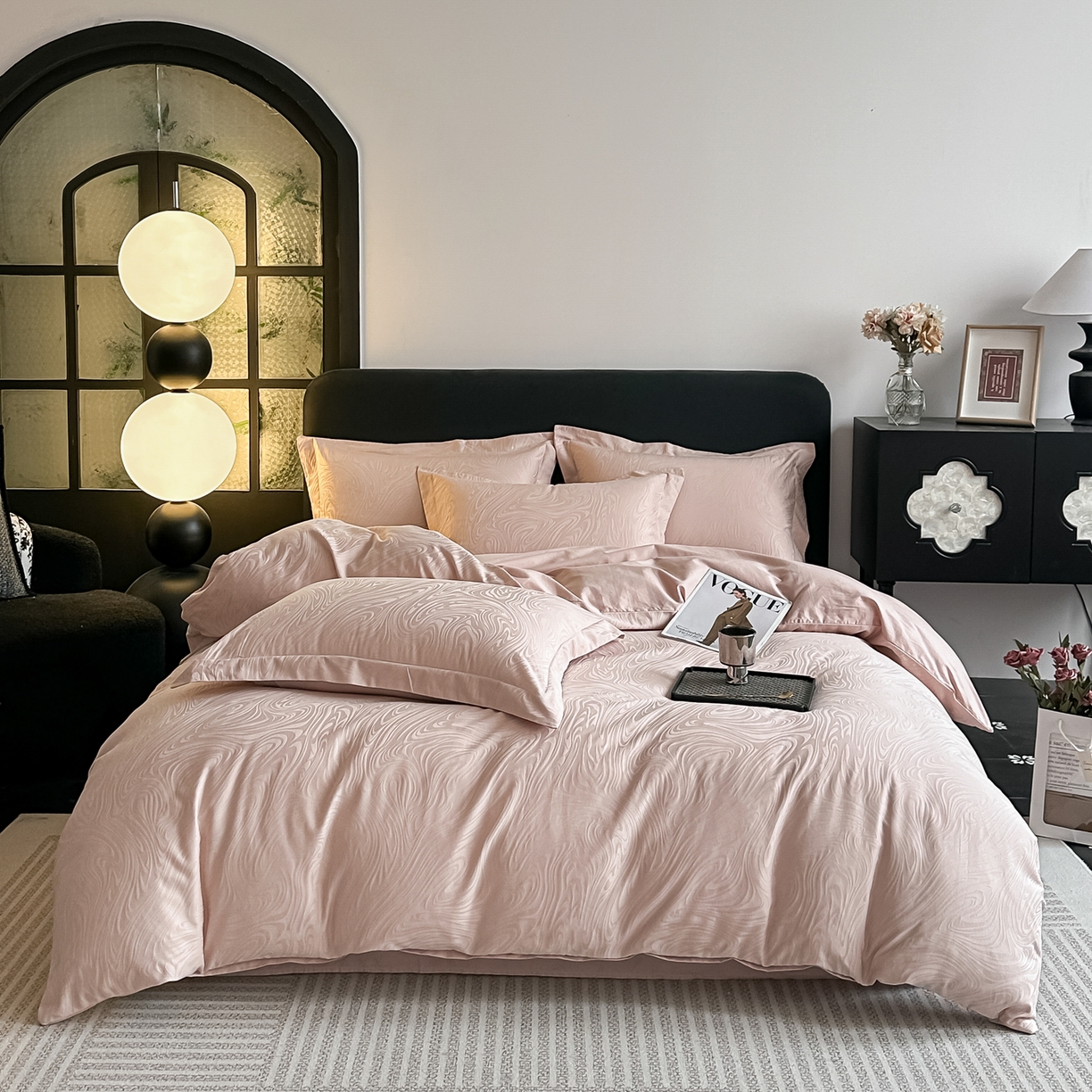 宅家居 2026新款轻奢A类60支立体浮雕长绒棉纯棉提花贡缎全棉四件套光泽绸缎感三件套 幻纤影-粉金