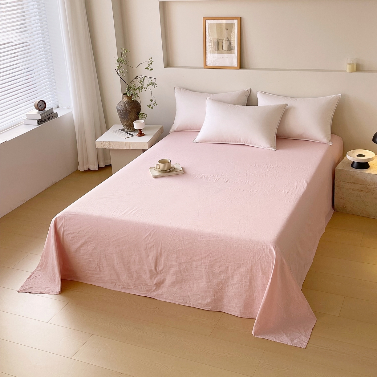 91家纺网 家纺一手货源 找家纺 春皖家纺 2026春夏新款双拼全棉水洗棉单床单床单单件单品床单 樱花粉