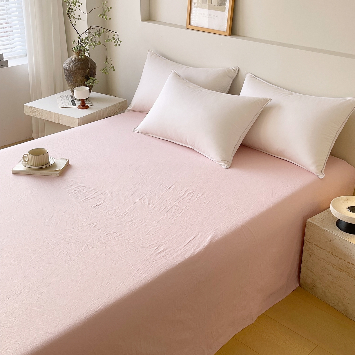 91家纺网 家纺一手货源 找家纺 春皖家纺 2026春夏新款双拼全棉水洗棉单床单床单单件单品床单 樱花粉