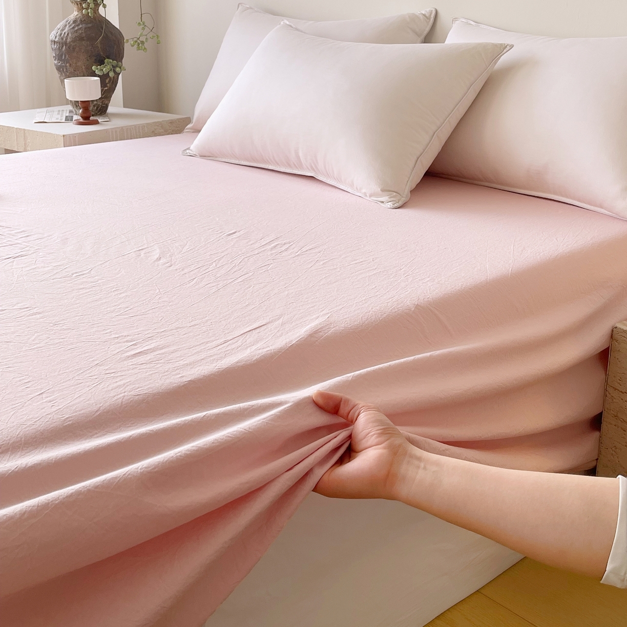 91家纺网 家纺一手货源 找家纺 春皖家纺 2026春夏新款双拼全棉水洗棉单床单床单单件单品床单 樱花粉