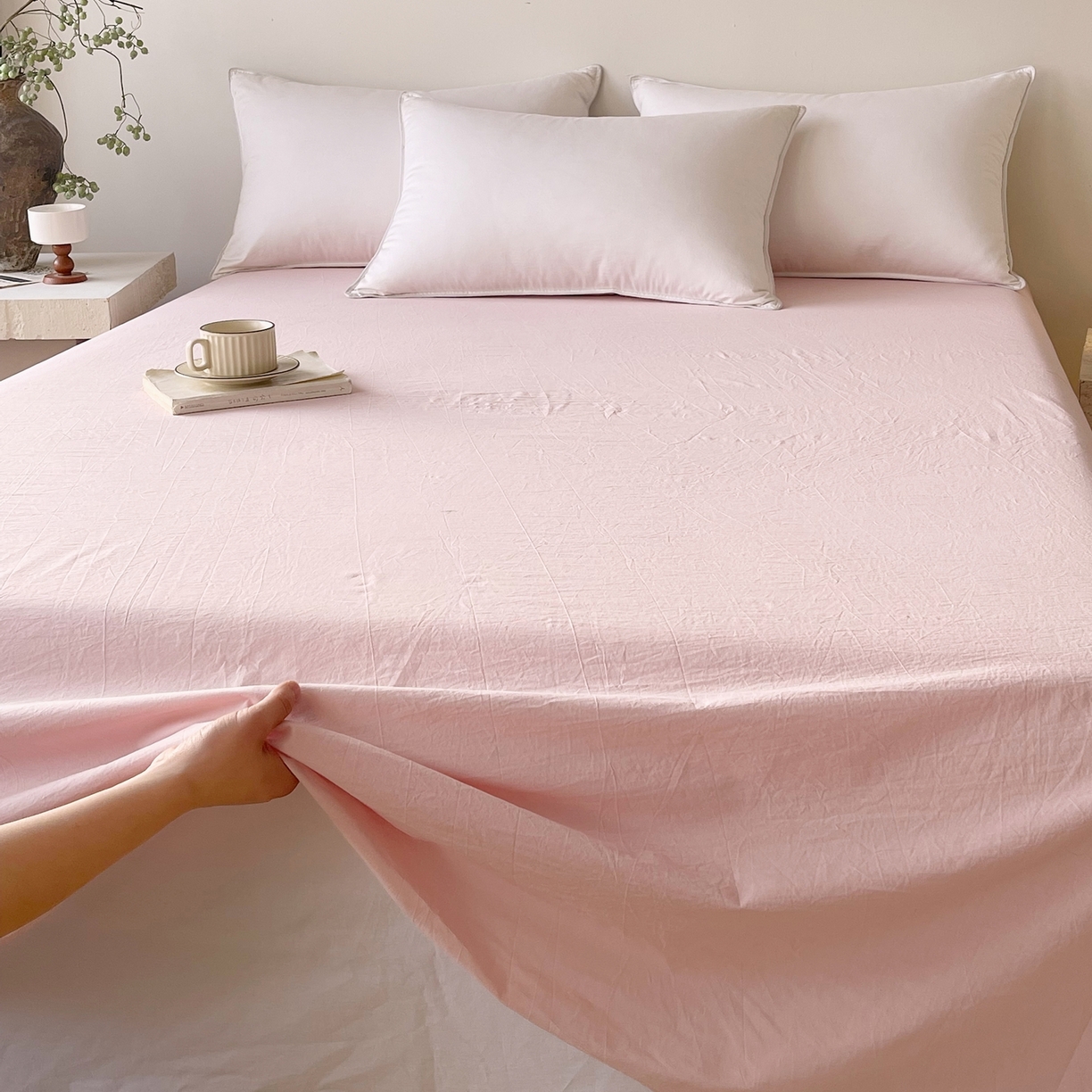 91家纺网 家纺一手货源 找家纺 春皖家纺 2026春夏新款双拼全棉水洗棉单床单床单单件单品床单 樱花粉